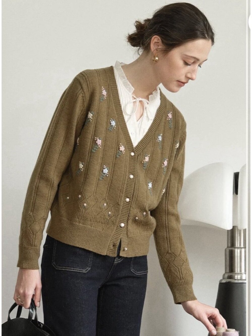 Simple Retro Womens L Olive Floral Embroidered Cardigan Sweater Cottagecore - Picture 3 of 11